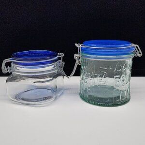 Vintage Glass Storage Jars Blue Lids Locking Hinges Fidenza Italy & Ecology